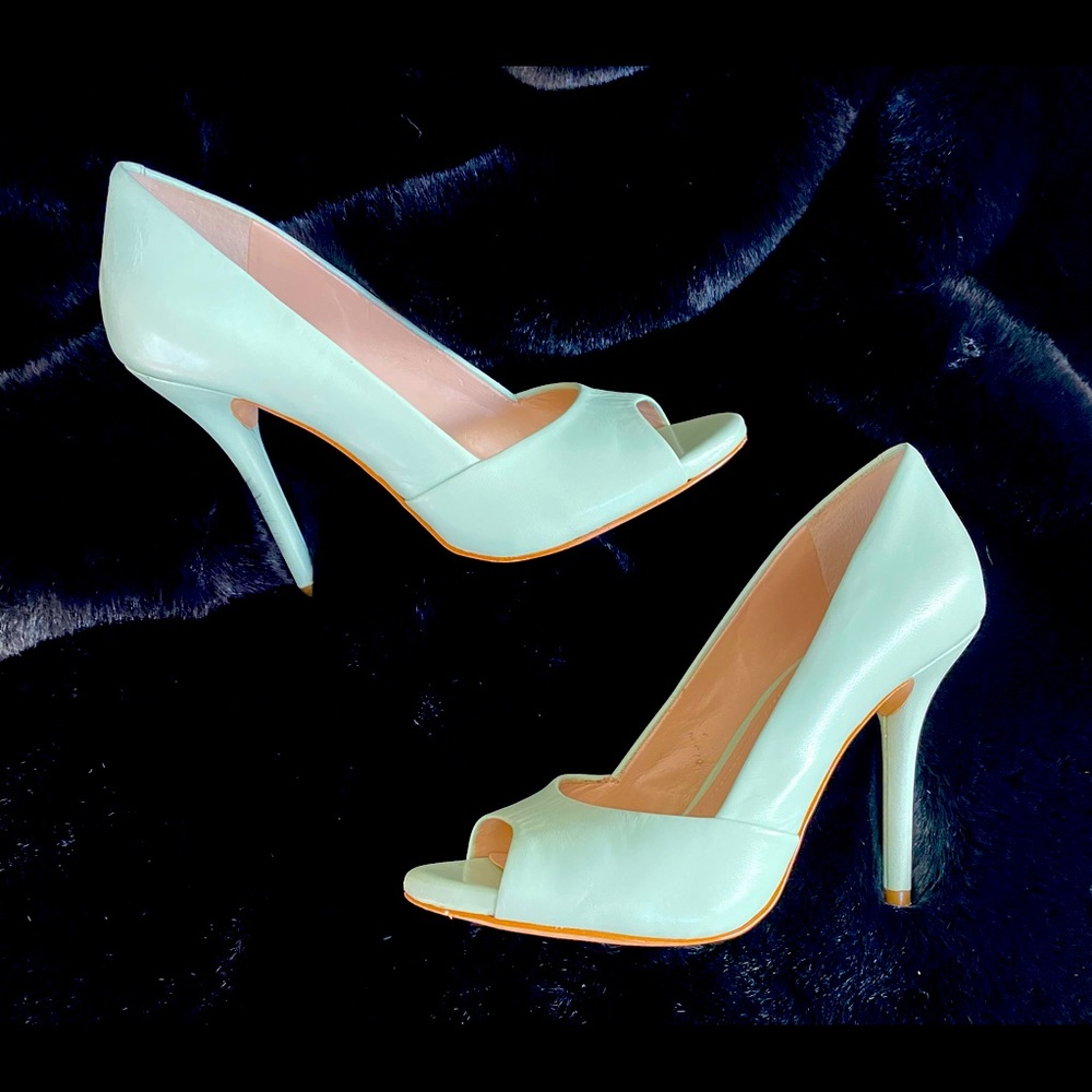 Mint green open toe heels